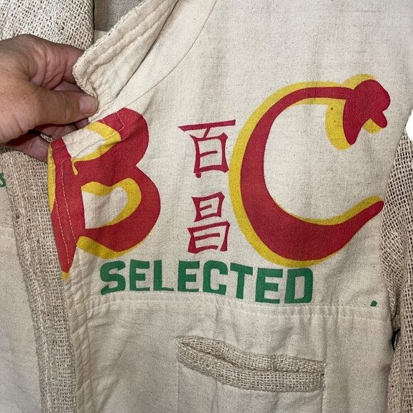 Mens Blazer Size Medium Tan Upcycled Burlap Rice Bag Pockets Open Front - Picture 8 of 10